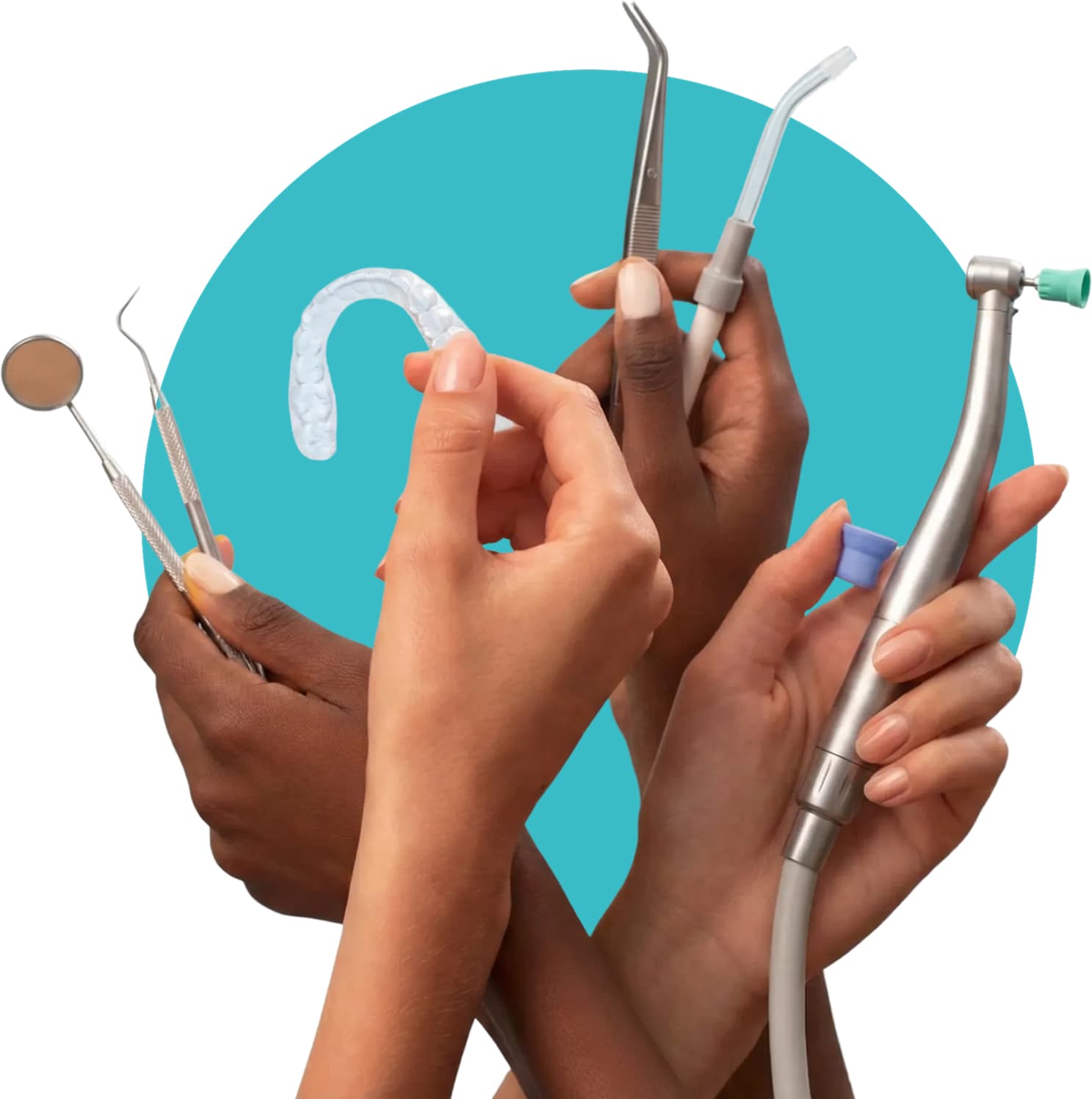 EIn blauer kreis mit Händen davor welche verschiedene Zahnarzt Utensilien in der Hand halten.